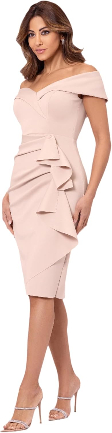 Xscape Women's Bodycon Midi Off-The-Shoulder Ruffle Dress with Center Back Zipper, Petite & Plus Size