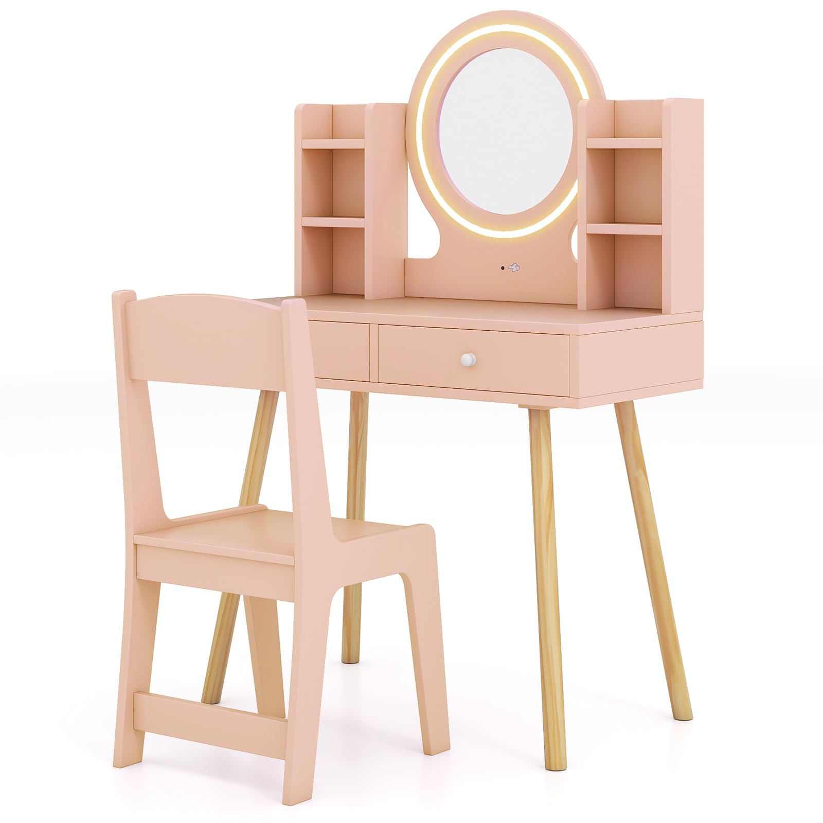 GYMAX Kids Vanity Table and Chair, Wooden Girls Dressing Tables with 2-Color LED Lighted Mirror, 2 Drawers and Storage Shelves, Children Makeup Desk Set for 3 Years Old+ (Light Pink)