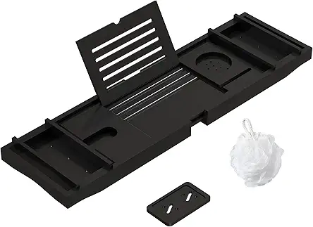 "Bamboo Bath Tray: Expandable Handles, Wine Glass & Book Holder, Luxury Spa Table (Black)"
