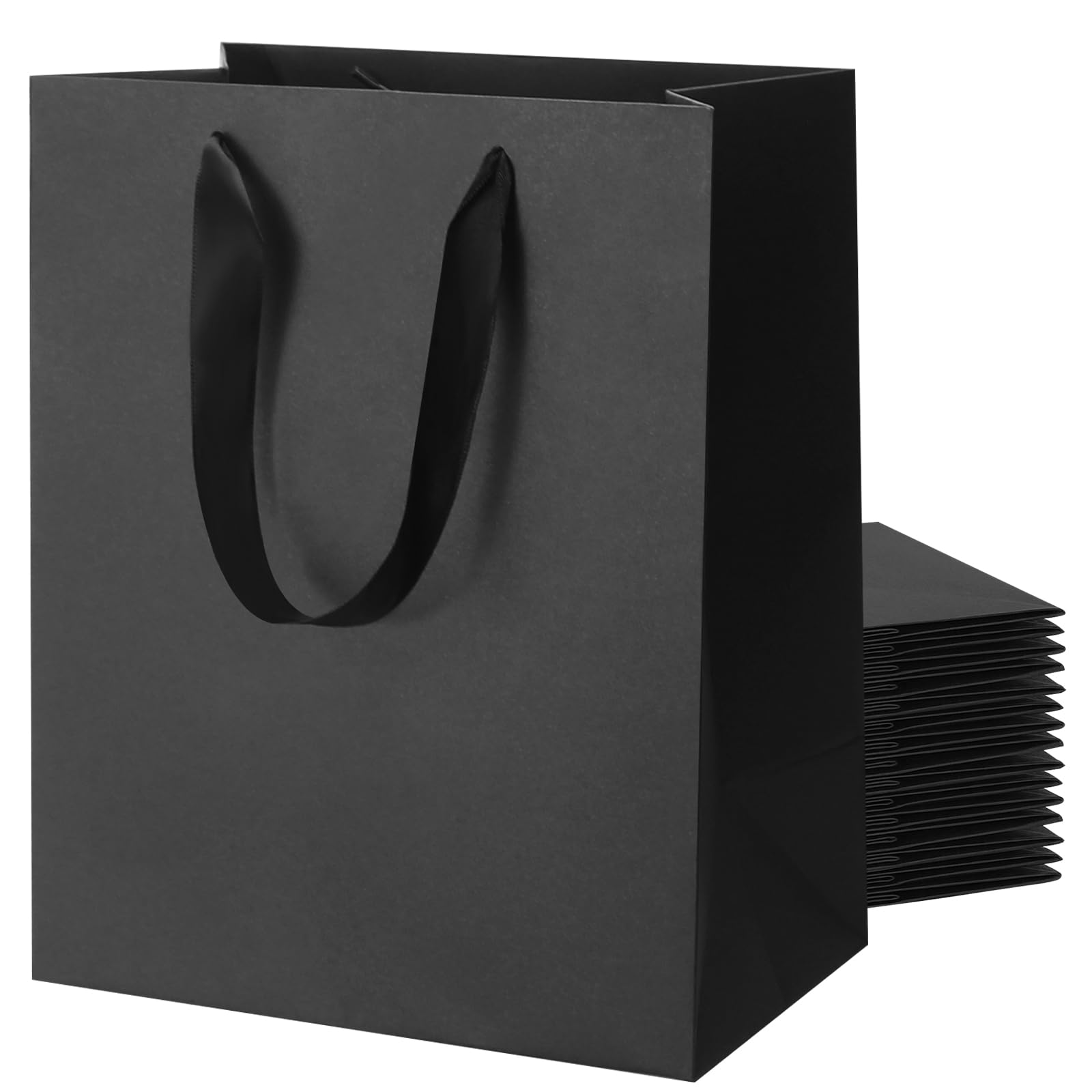 LUOKER Black Gift Bags,15Pcs 8"x5"x10" Thank You Gift Bag with Handles,DIY Black Paper Shopping Bags with Ribbon Handles,Bulk Gift Wrap Bags for