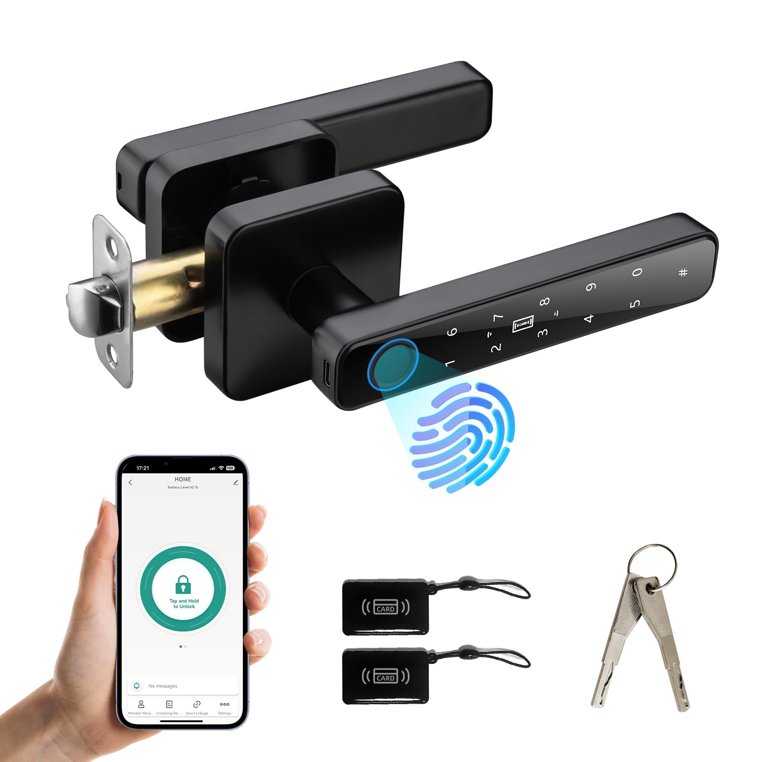 Smart Door Knob with Key & Keypad, Bluetooth Keyless Entry, Biometric Fingerprint Door Lock - Privacy & Passage Doorknob Functions for Home, Bedroom, Office, and Apartment