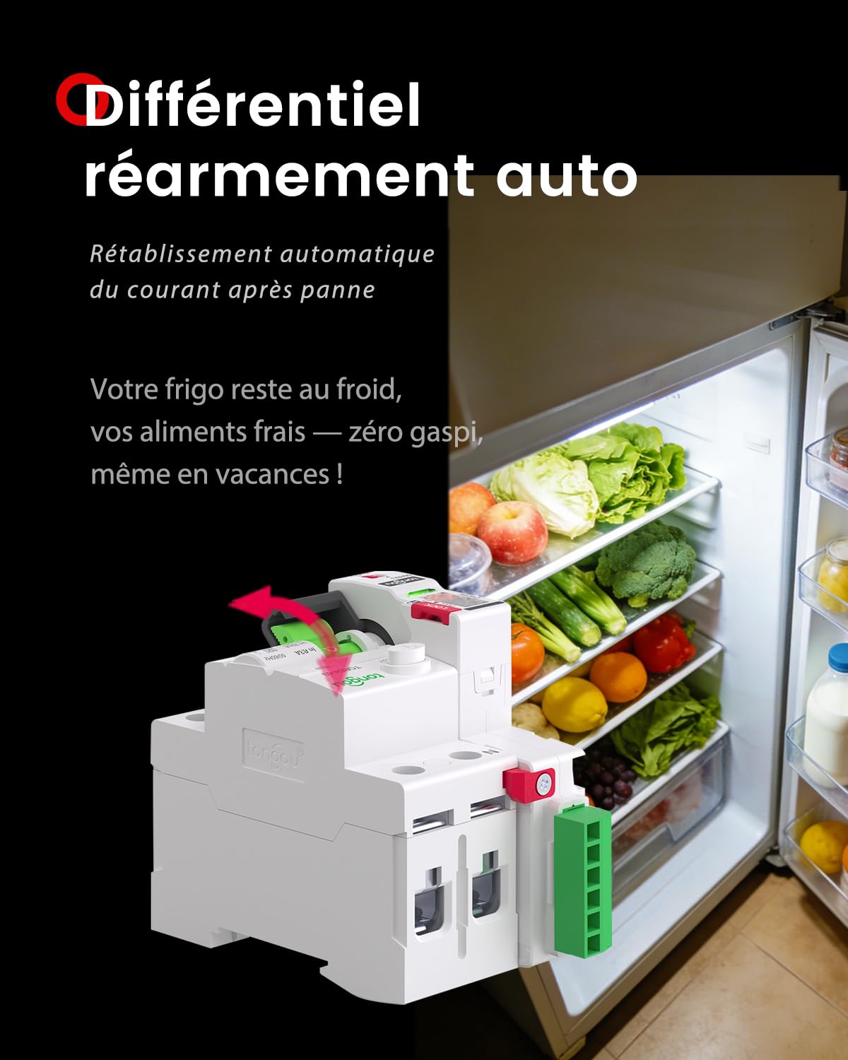 TONGOU Disjoncteur Différentiel a Réarmement Automatique 30mA Type A, 2 Pôles 40A Interrupteur Différentiel