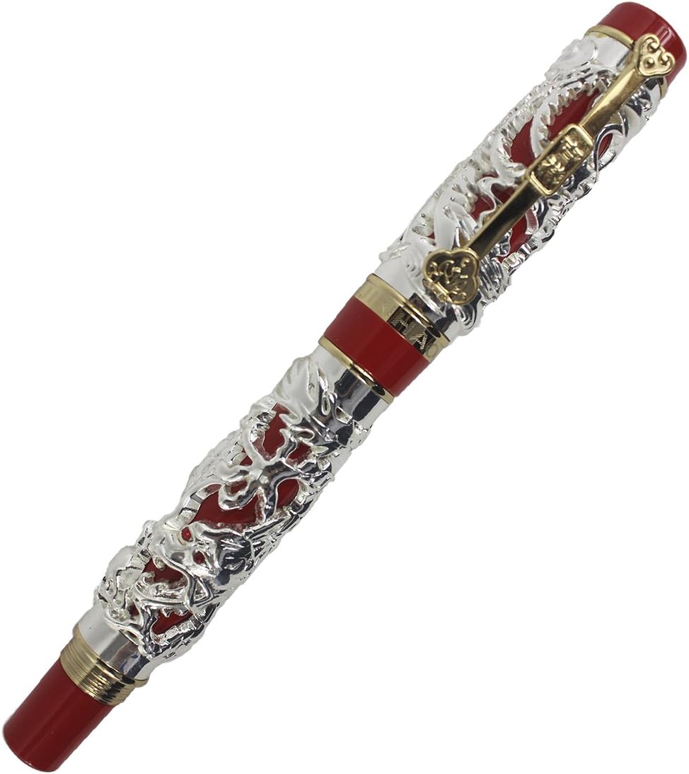Collectible Luxury Carved Dragon and Phoenix Rollerball Pen - Silver & Red