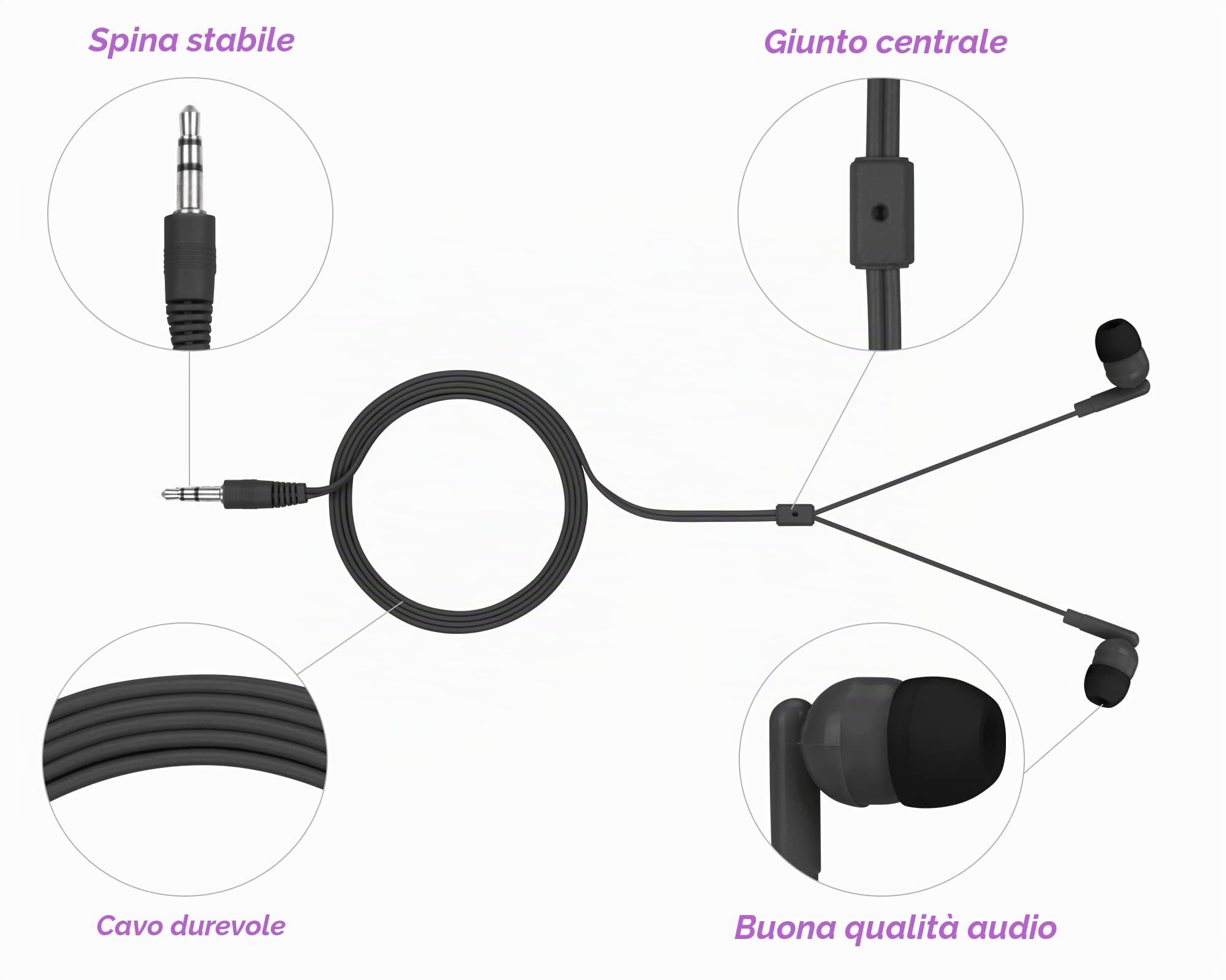 Confezione da 100 auricolari usa e getta, con cavo, colore nero, confezionati singolarmente, per scuola, viaggi o uso domestico