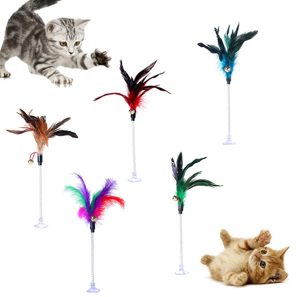 shlutesoy Funny Pet Cat Feather Bell Spring Suction Cup Elastic Playing Interactive Toy Cat Interactive Toys Indoor Random Color