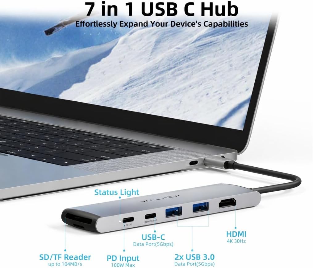 WALNEW 7-in-1 USB-C Hub, 4K HDMI, 100W PD, 3x5Gbps Ports, SD/TF Reader image 2