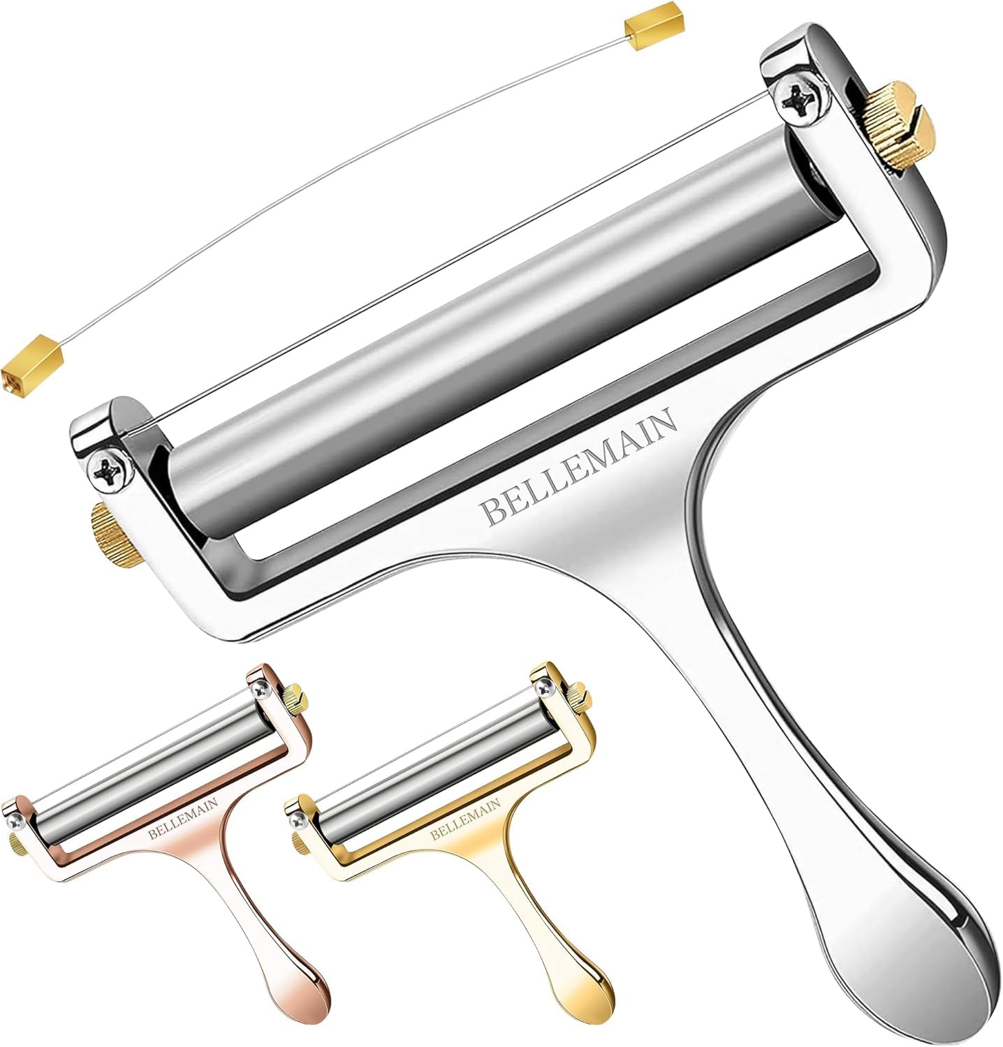 Bellemain Stainless Steel Wire Cheese Slicer with 2 Extra Wires – Handheld Cheese Cutter for Block Cheese, Adjustable Thick & Thin Slices for Cheddar, Gruyere, Raclette & Mozzarella (Silver)
