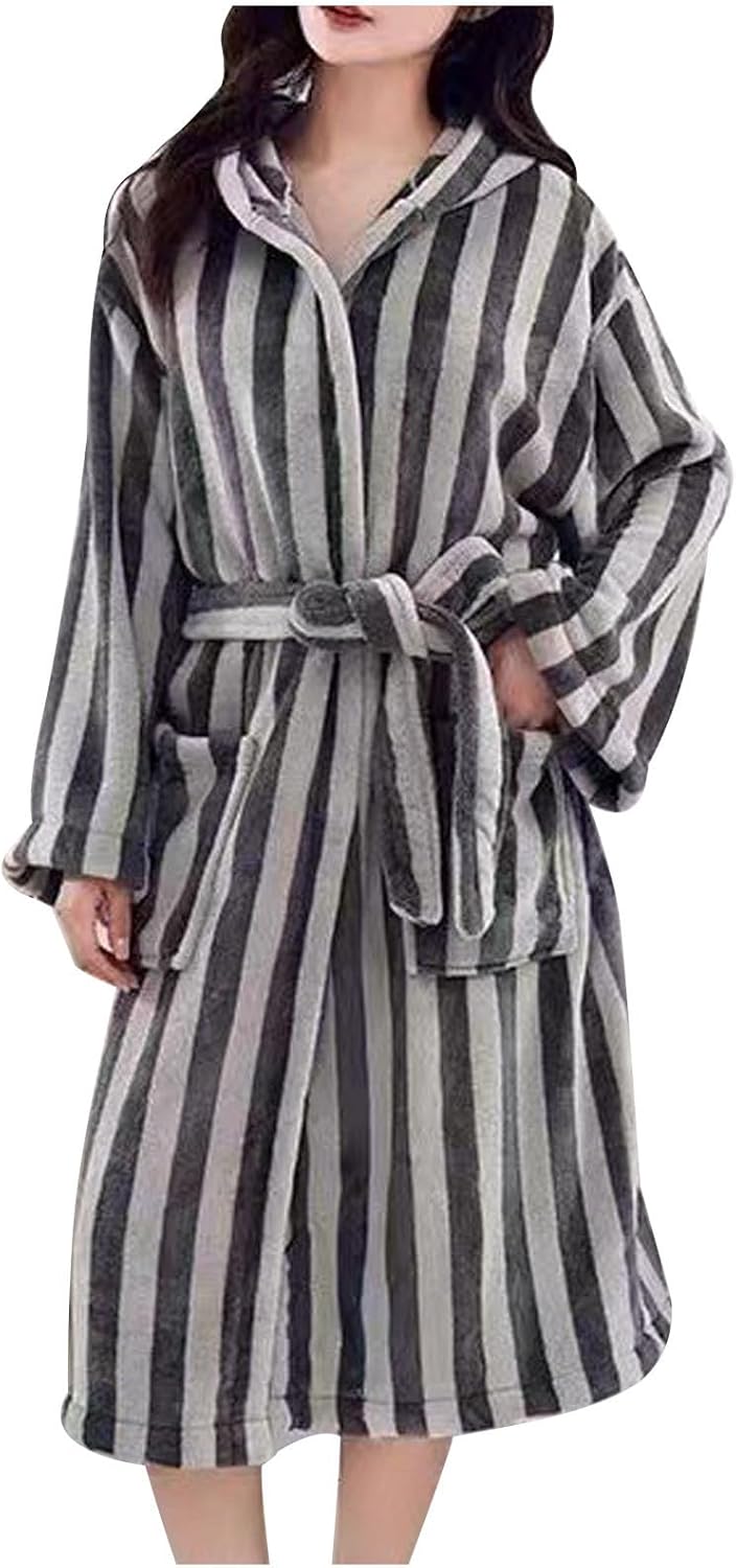 Womens Striped Pajamas Robes Long Thicken Fleece Sherpa Sleepwears Ladies Bathrobes Cozy Winter Nightgowns Loungewear