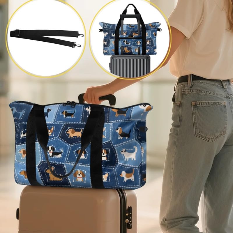 Denim Patchwork Art Foldable Travel Duffel Tote Bag, Cartoon Puppy Dogs Weekender Bag Carry On Tote Bags for Women, Large 30L3