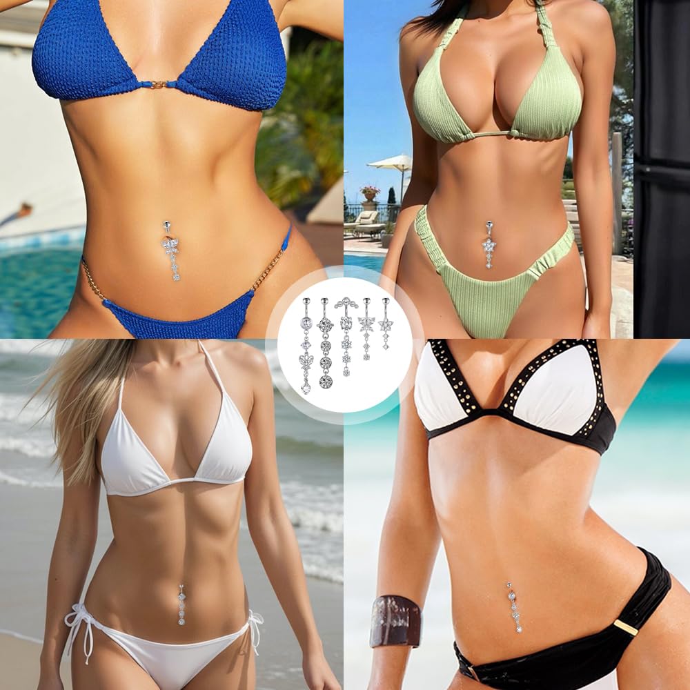 5 Pezzo Piercing Ombelico Piercing Ombelico Pendente in Acciaio Inossidabile Set Cuore Farfalla Gioielli per Le Donne (Argento)