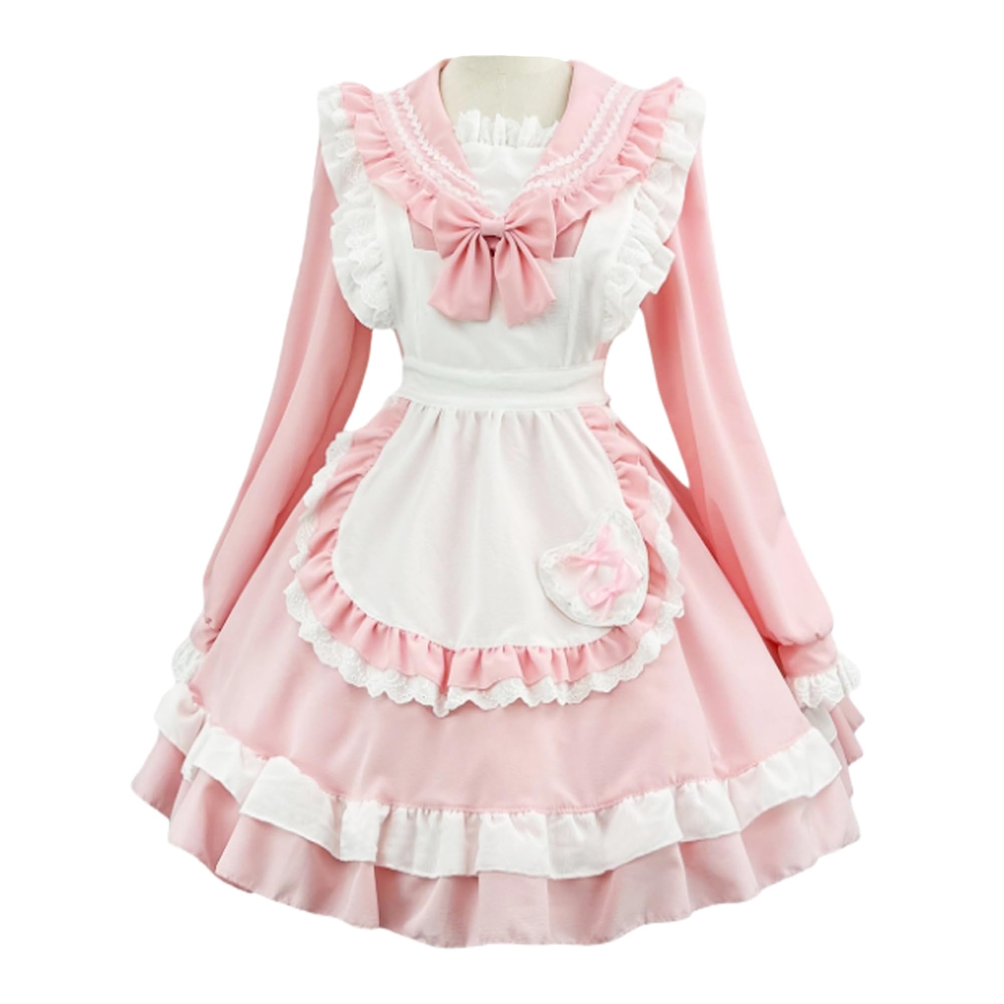 Packitcute Womens Long Sleeve Lolita Fancy Dress Japanese Style Anime Cosplay Costume French Apron Maid Outfit for Party (Pink, 5XL)