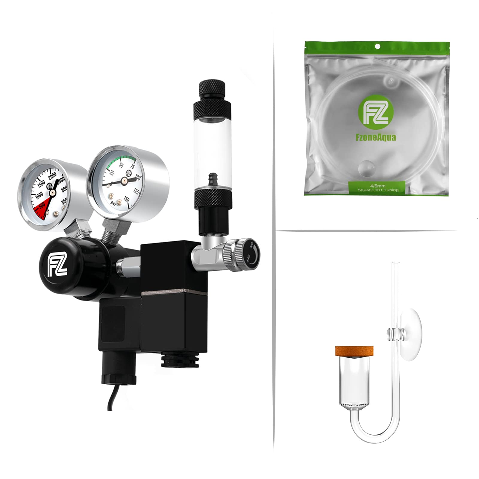 FZONE Aquarium Co2 Regulator DC Solenoid with Big Dual Gauge Display & CO2 Neo Diffuser with Customized Ceramic from South Korea(L-24mm) & Co2 Proof Tubing ID 3/16 inch 16 feet Clear Food Grade Air L