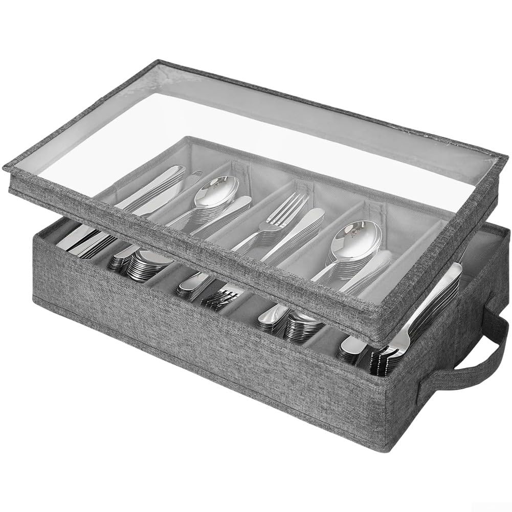 Silverware Boîte de rangement pour couverts avec poignées, séparateurs réglables et fenêtre transparente 43 x 29 x 8 cm