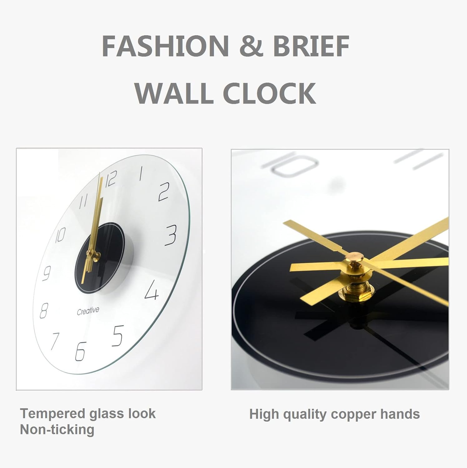Round Tempered Glass Wall Clock,Silent Non-Ticking Clock, Living Room Bedroom Office Transparent Decorative Clock, 12 Inch, Easy to Read (12Inch, Black)