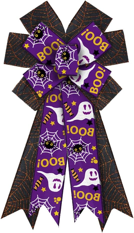 Halloween Wreath Bow Purple Ghost Spider Web Ribbon Bow Streamer