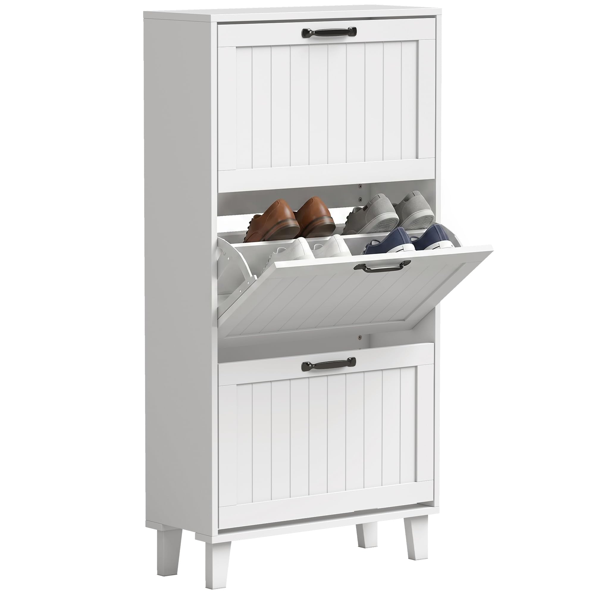 HOMCOM Scarpiera Salvaspazio Slim con 3 Ante a Ribalta 60x24x118cm Bianco | Scarpiera Ingresso, Ripiani Regolabili, Gambe in Bambù, Maniglia, Porta Scarpe per 15-18 Paia, per Ingresso Corridoio