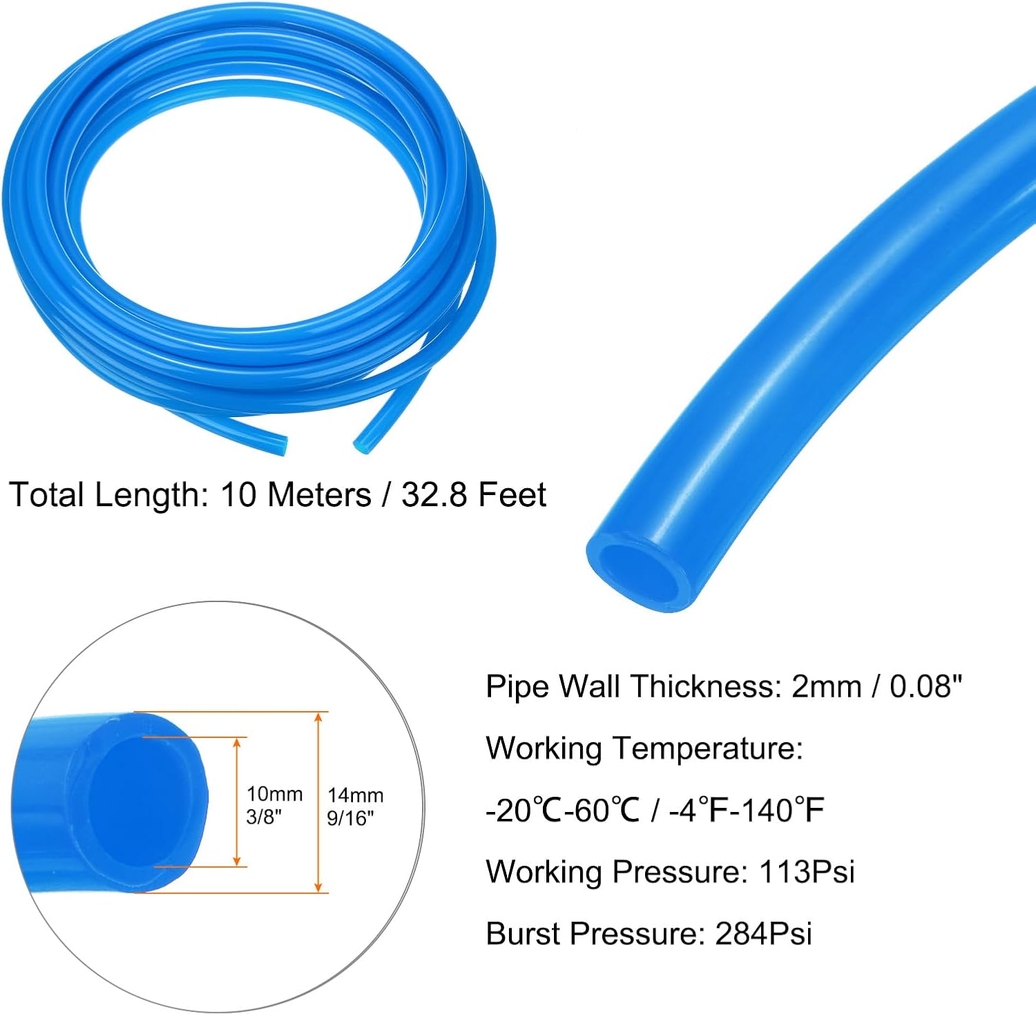 HARFINGTON Pneumatic Tubing Pipe Pu Hose 14mm OD x 10mm ID 10 Meters(32.8 FT) Air Compressor PU Polyurethane Line Hose Tube for Air Compressor Water Fluid Transfer, Blue
