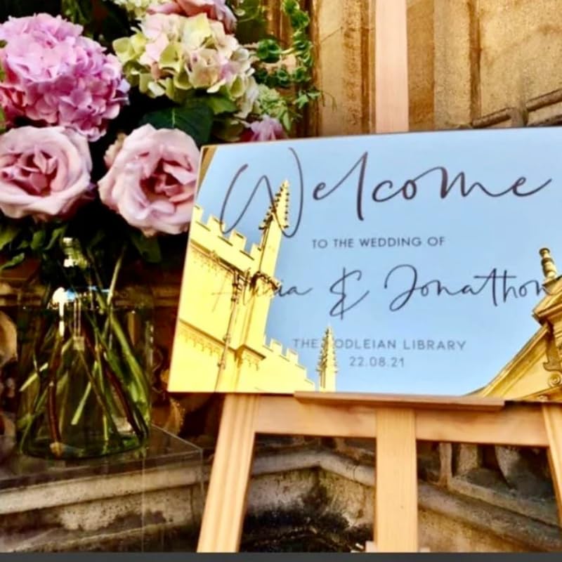 Pahdecor Letrero de boda dorado minimalista personalizado con espejo dorado rectangular, letrero de bienvenida para boda, decoración de mesa de boda, letrero de acrílico con espejo dorado, varios