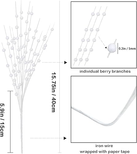 Miniatura 2 de Felice Arts Paquete de 6 tallos de bayas artificiales blancas con purpurina de 15.7 pulgadas, palillos de Navidad falsos decorativos con purpurina