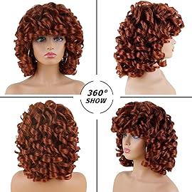 andromeda Auburn Wigs for Black Women Soft Short Big Curly Wig with Bangs Afro Loose Cute Curly Heat Resistant Natural Looking Synthetic Wig for African American Women(350)