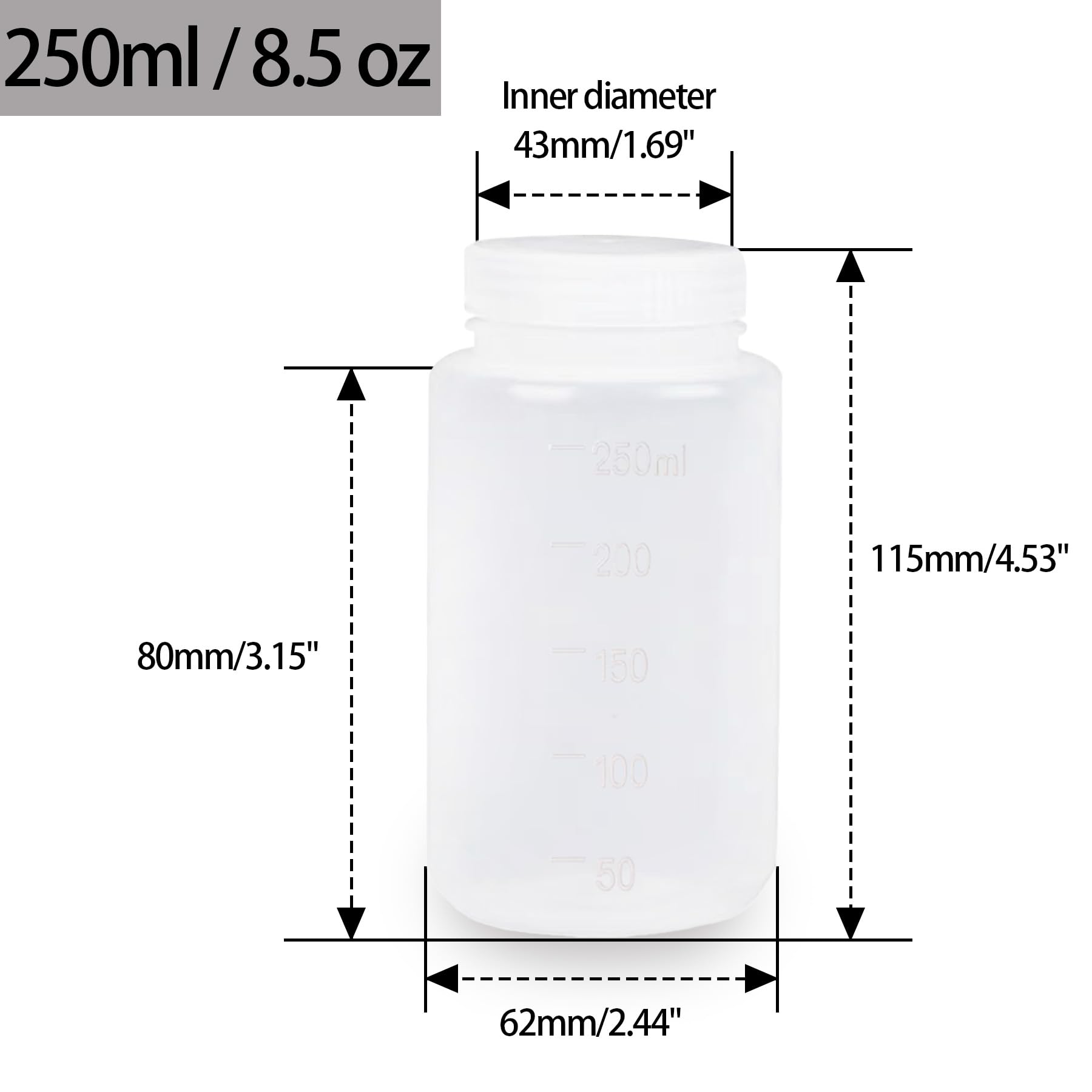Bottiglie di plastica da 250 ml per reagenti chimici da laboratorio, bocca larga, sigillatura sicura dei campioni, contenitore per liquidi, 10 pezzi