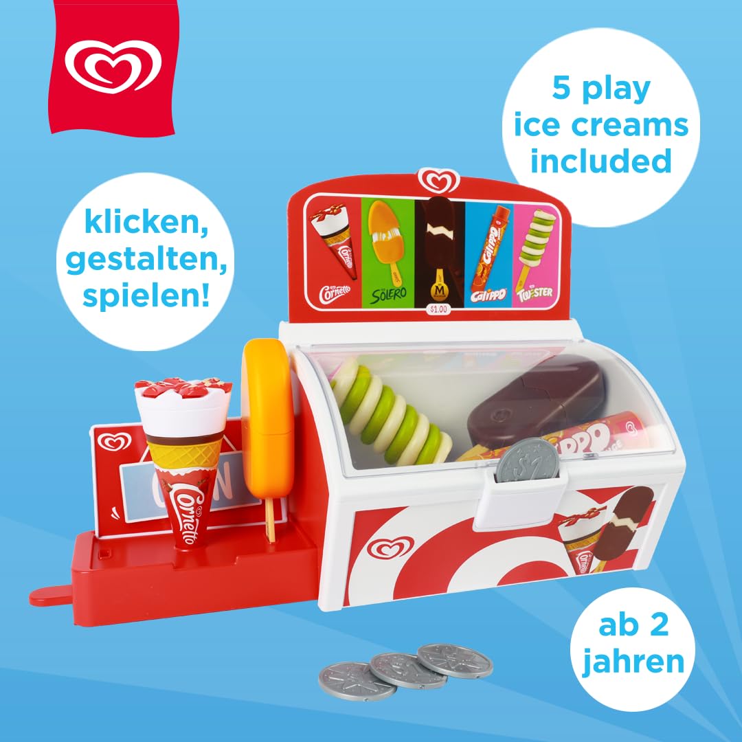 Authentische Langnese Spielzeug-Eistruhe von Casdon | Laden-Spielset für Kinder ab 2 Jahren | Mit ausziehbarer Ablage, Spielmünzen und 5 authentischen Langnese Eiscremes