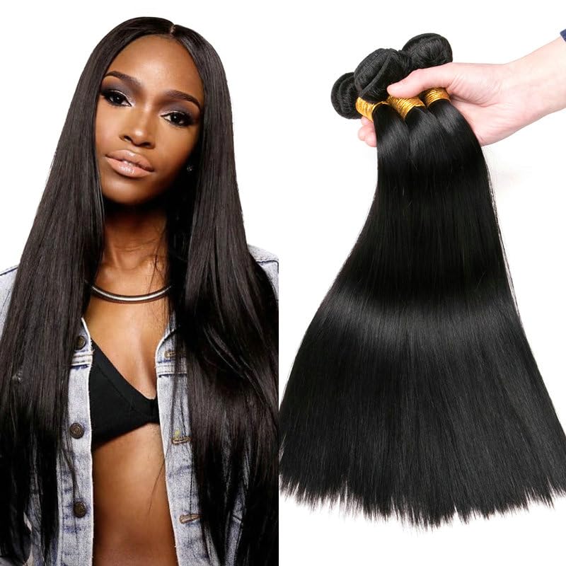 Urshiney Straight Human Hair Bundles for Women Thick Brazilian Virgin Hair Machine Made Double Weft Straight Weave Bundles Human Hair Natural Black Color Can Be Dyed Total 300g 16 16 16 Inch