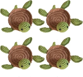 JARPSIRY 4PCS Handmade Crochet Tortoise Coasters - Cute 3D Turtle Drink Mats, Absorbent Woven Table Protectors for Mugs & Cups