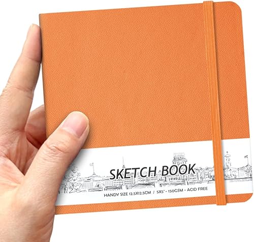 Cuaderno de bolsillo cuadrado de 5" x 5" con tapa dura de poliuretano de cuero, 58 hojas de papel beige Dowling de 150 GSM, libre de ácidos,