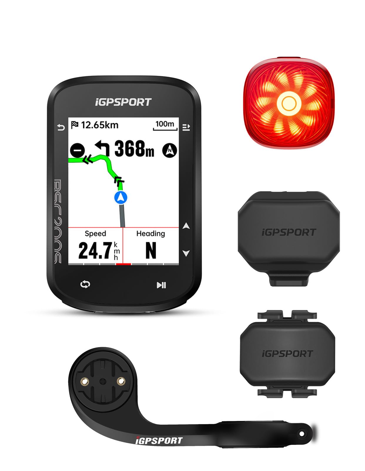iGPSPORT BSC200S Compteur Velo sans Fil et TL50 Feu Arriere Velo Lumiere Velo et CAD70 Capteur de Cadence+SPD70 Capteur de Vitesse et M80 Support de Vélo