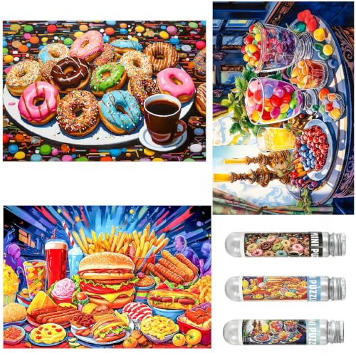 Puzzles pequeños para adultos BJscoe 150 piezas Pintura vintage de caramelos Donut colorido Pintura al óleo Desafiantes Mini puzzles 6 x 4 pulgadas 3 piezas