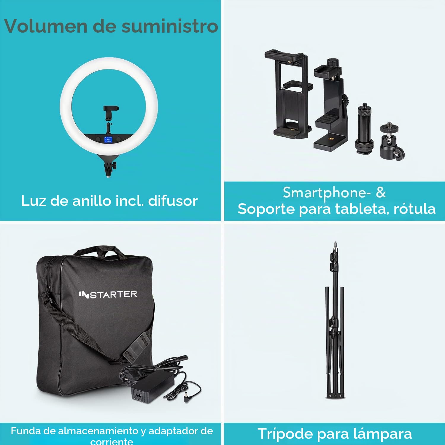 Anillo de luz LED con trípode y Soporte para Tablet y móvil - Control por App, 60W Regulable, luz para Streaming y móvil, Bi-Color de 3200-7500K, Incluye Cabezal Giratorio