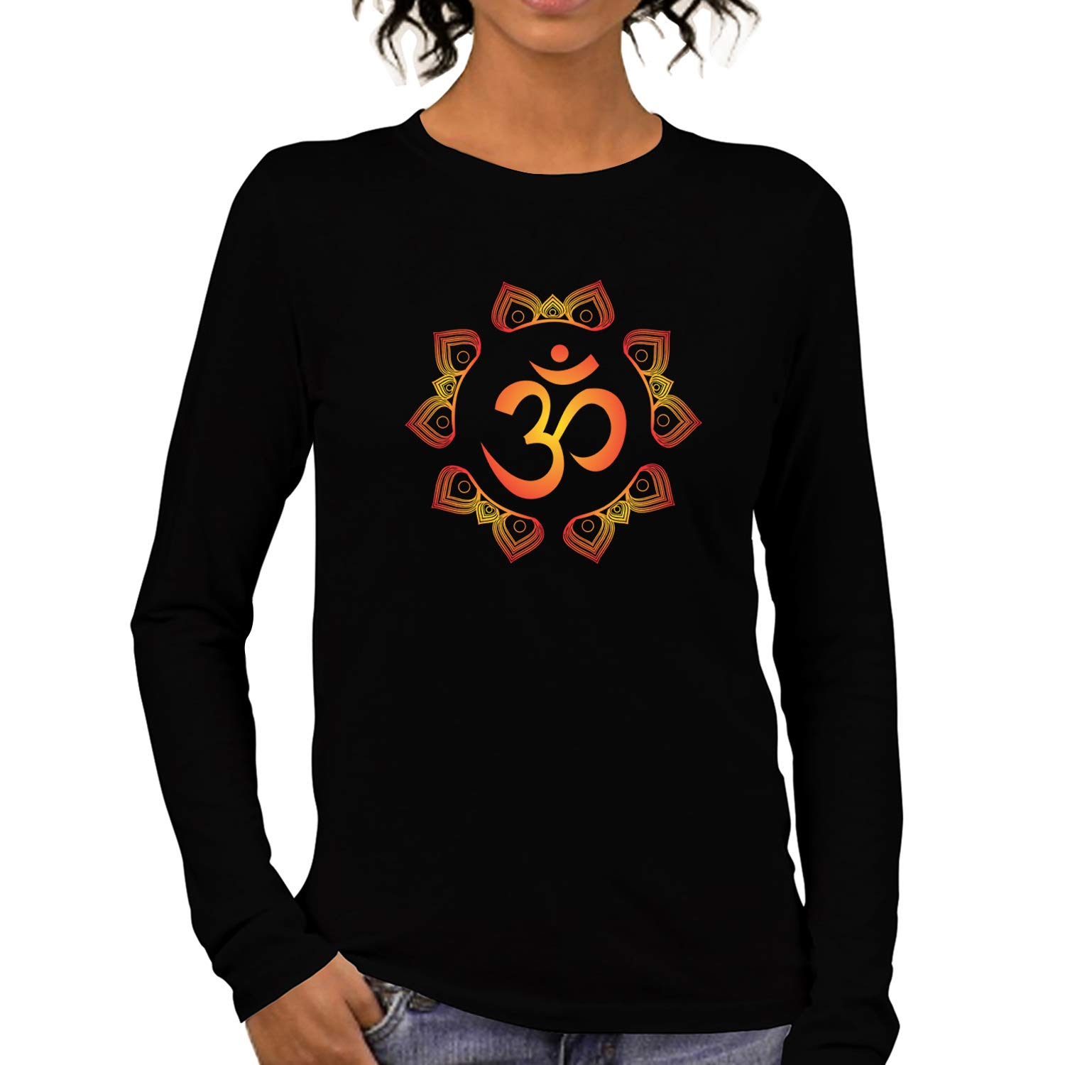 pooplu Women's Regular Fit Om Symbol Cotton Graphic Printed Round Neck Full Sleeves Black and White Yoga Tshirt. Yoga, Meditation,Exercise, Pootlu Tops and Tshirts-picture-26