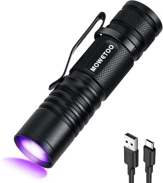 MOWETOO Rechargeable UV Flashlight - 395nm Black Light for Pet Urine & Money Detection