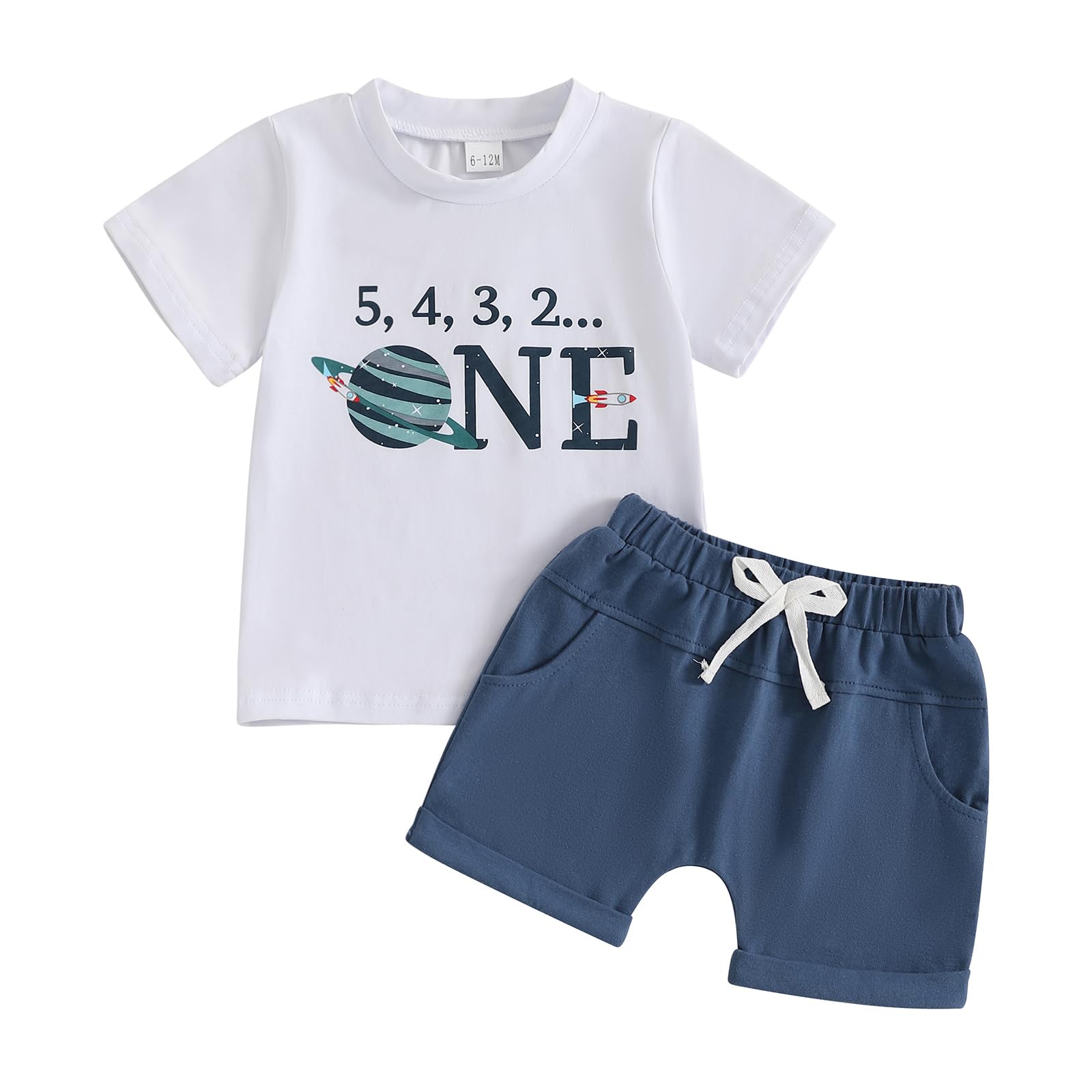 First Birthday Outfit Boy 1st Birthday Outfit Boy Letters First Trip Around the Sun Short Sleeve Shirt Shorts Cake Smash Outfit (A-White Blue,12-18 Months)