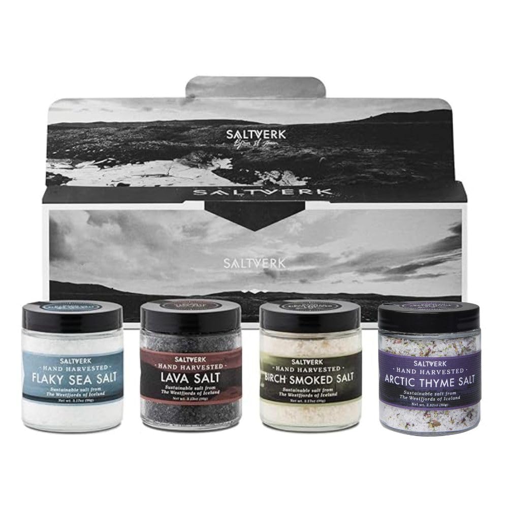 Saltverk Salt Gift Set - Includes 4 Jars - Flaky, Lava , Birch Smoked, Arctic Thyme Sea Salts- Gourmet, Icelandic, Hand Harvested and Sustainably Made - 12.33 Oz Total