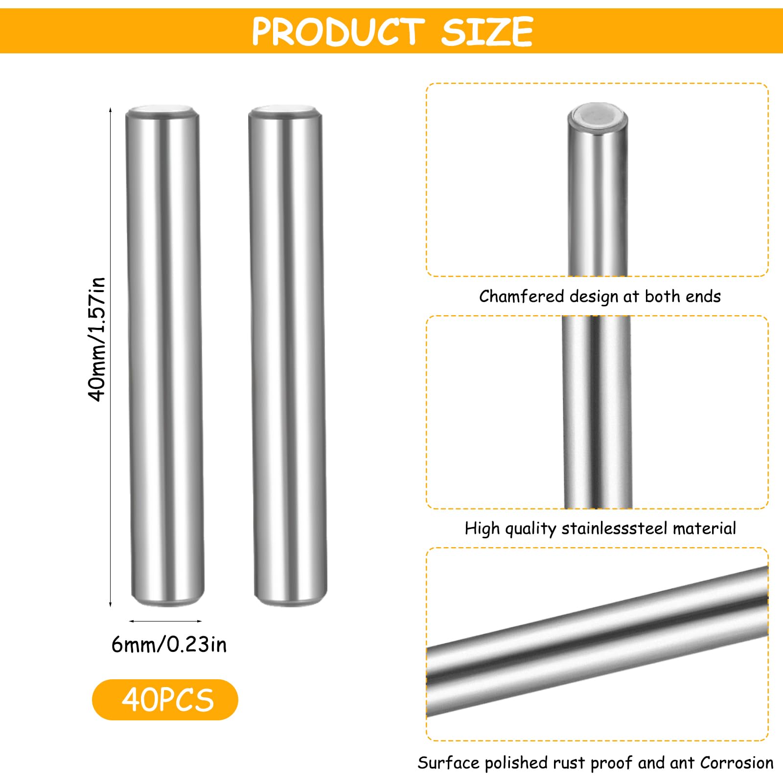 40 Pz Perni Cilindrici per Mensole, M6 x 40 mm Supporto per Mensola, Pioli Reggimensola Legno Vetro, Perni per Mensole in Acciaio Inox 304, Staffe per Mensole Ripiani Armadio Supporti per Mensole