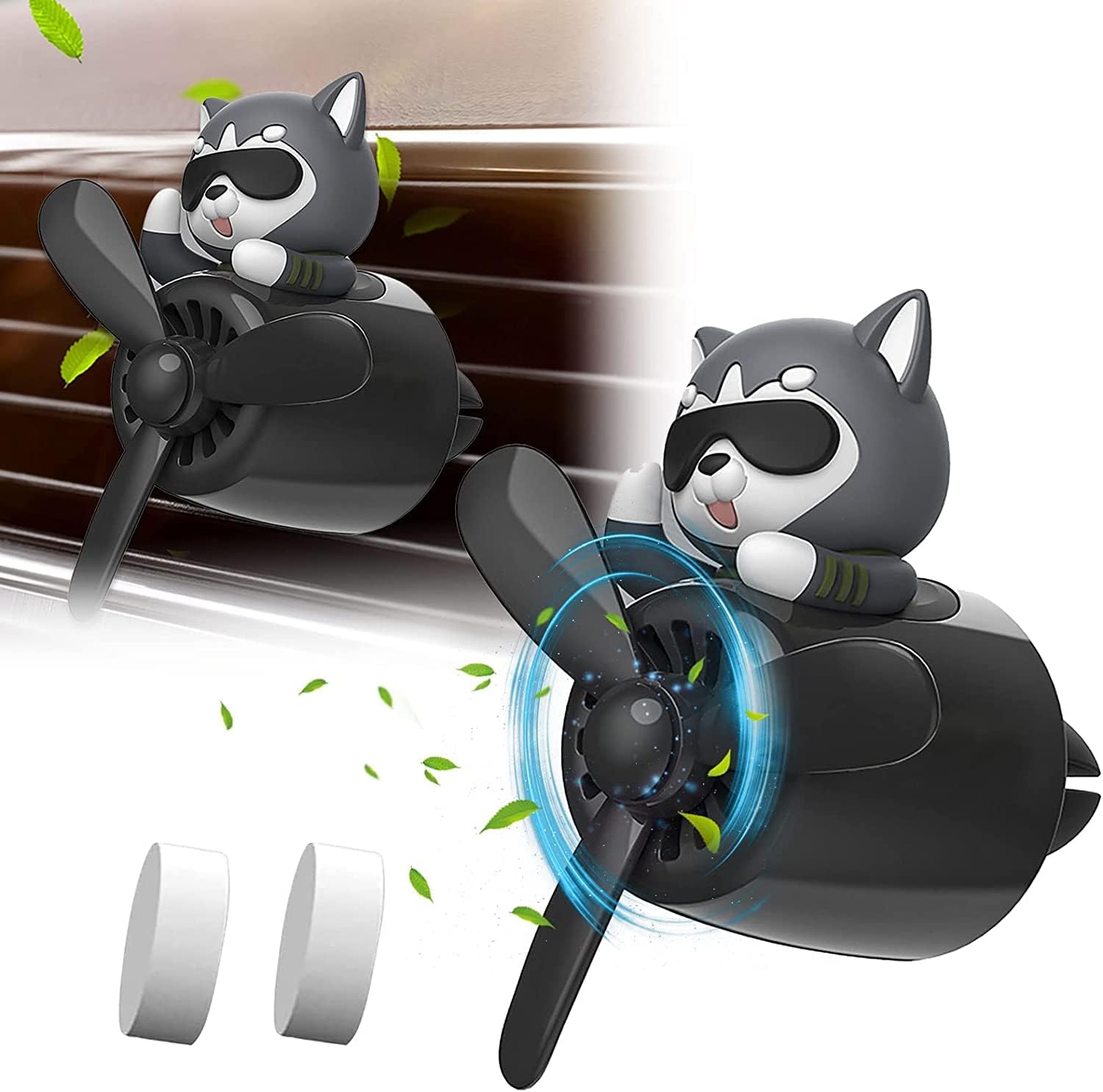 車 芳香剤 可愛い 車用芳香剤 ファン拡散 クリップオン エアコン取付 交換可能 ホワイトムスク 消臭 除菌 交換用タブレット 2枚付き 取り付け簡単 (ハスキー（B）)