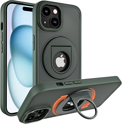 Funda para iPhone 15 Plus con soporte de anillo compatible con MagSafe Compatible con carga inalámbrica PC duro translúcido mate resistente a los