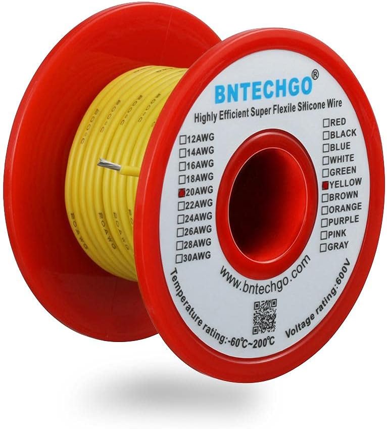 BNTECHGO 20 Gauge Silicone Wire Spool 50 ft Yellow Flexible 20 AWG Stranded Tinned Copper Wire