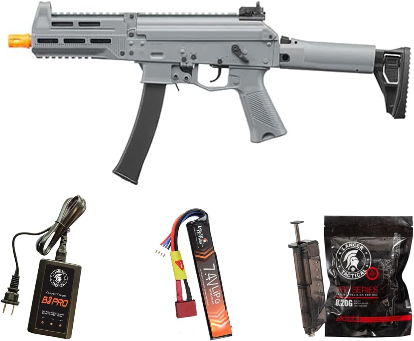 Lancer Tactical Gen 3 PPK-20 Nylon Polymer Compact Airsoft SMG w/Programmable Fast Trigger & MOSFET (Foldable Stock)-Battery & Charger Included