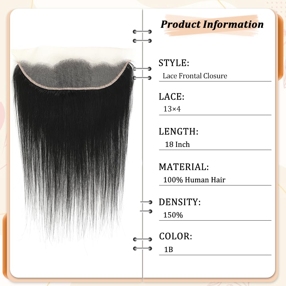 13x4 Lace Frontal Closure,18 Inch Straight Human Hair Ear to Ear Lace Frontal Closure Natural Black Hair Extensions for Women (18 Inch, 1B)