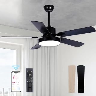 STERREN 52 Inch Ceiling Fans with Lights, Black Modern Low Profile Flush Mount Ceiling Fan with Lights Remote Control, Large Wood Smart LED Ceiling Fan for Farmhouse Garage