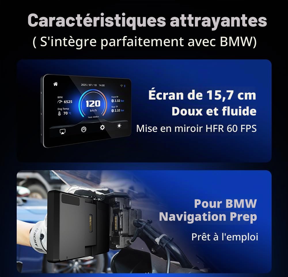 Écran de Moto 6,2" pour BMW R1200GS R1250GS F800 F900 S1000XR, CarPlay sans Fil et Android Auto, Compatible WonderWheel et Lecteur de Données du Véhicule, IP67