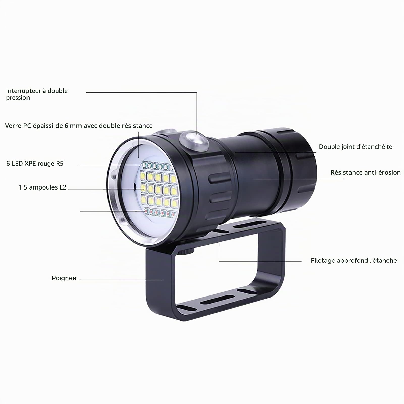 Lampe de Poche de Plongée, IPX8 18000lm Super Lumineuse Torche de Plongée Sous-marine 300-500m LED Lampe de Poche de Plongée Torche de Plongée 3 Modes D'éclairage pour les Sports de Plein Air Plongée,