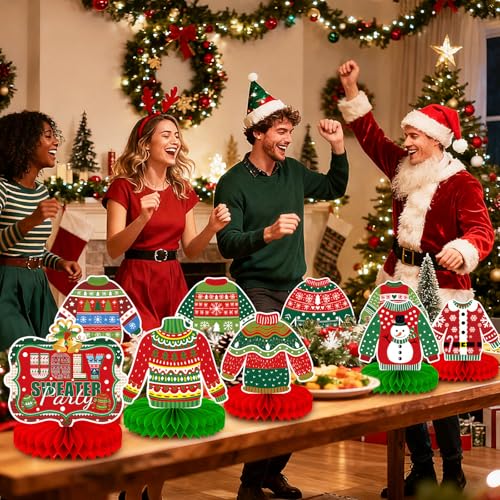 Image of 9 Pieces Ugly Christmas Sweater Honeycomb Centerpieces Table Decor, Holiday Party Table Toppers Ornaments Signs, Fun Xmas Sweater Party Decorations