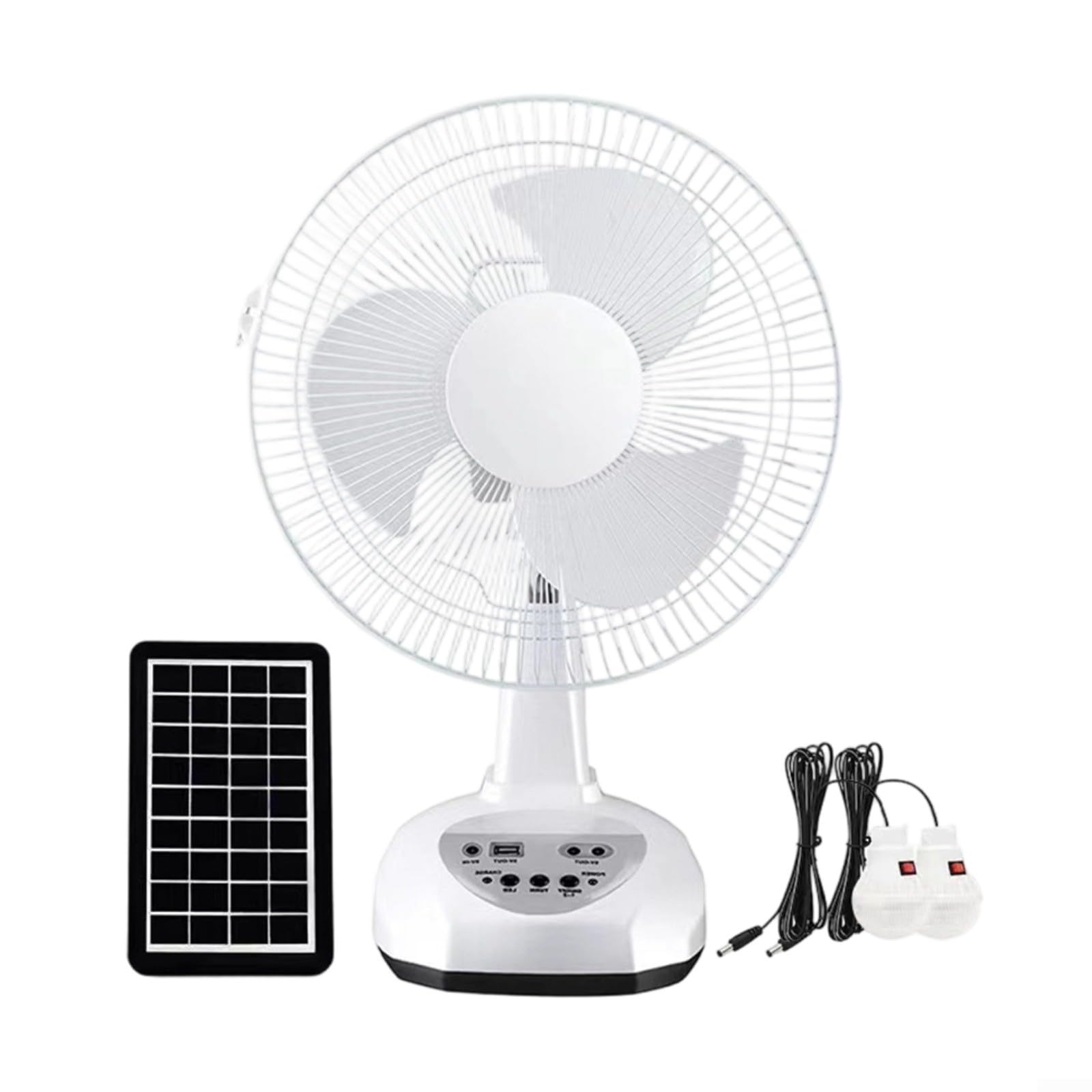 Ventilatore oscillante ricaricabile ad energia solare da 30,5 cm con 3 impostazioni e doppia modalità di luce notturna, struttura in ABS, bianco, ideale per campeggio, attività all'aperto e