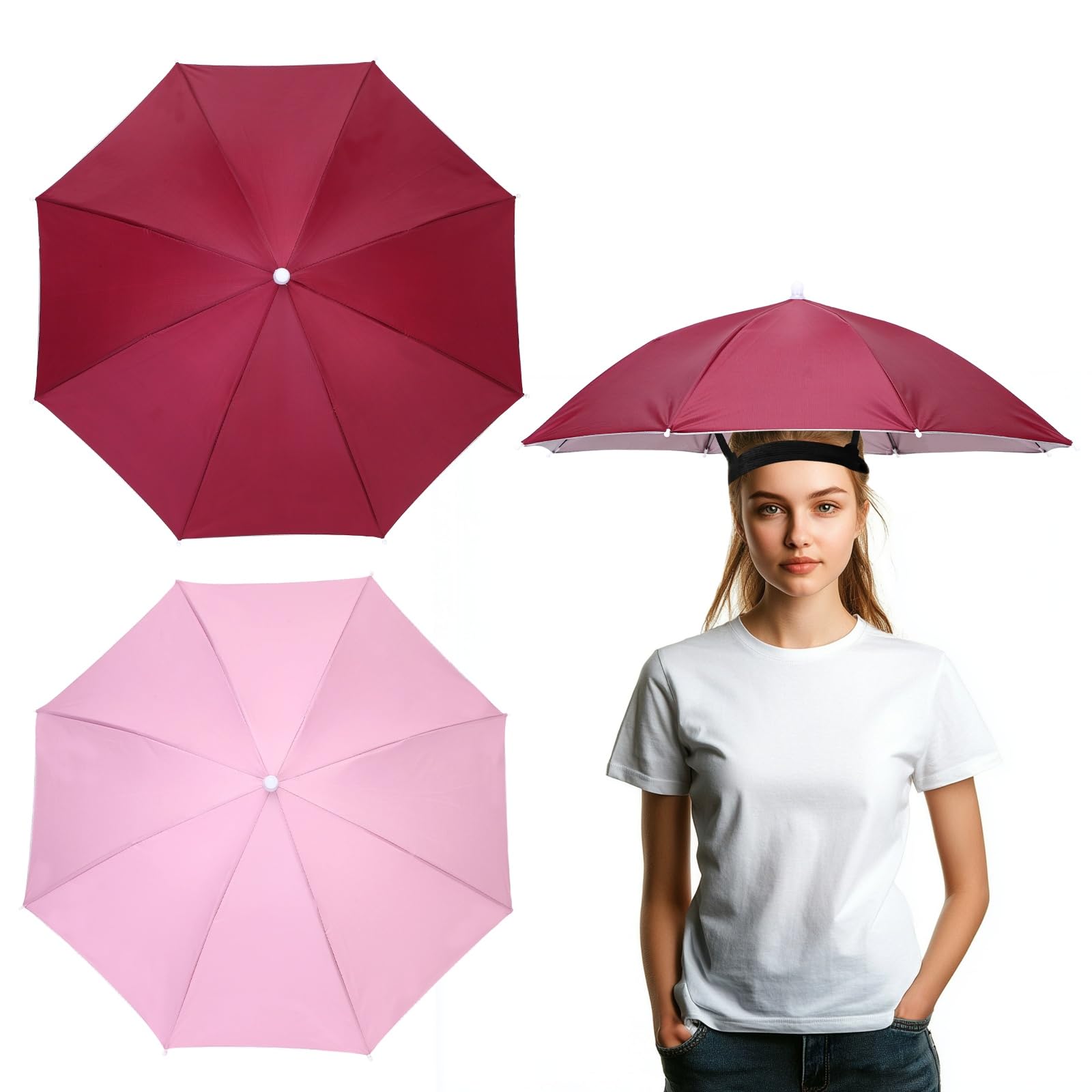 YELARXI Umbrella Hat, Fishing Hat Waterproof Adjustable Sun Rain Cap with Elastic Band, 65cm & 2Pcs & Wine Red, Pink - Fitting For(Women/Men Fishing/Camping/Gardening/Beach/Sunshade) โ image 1