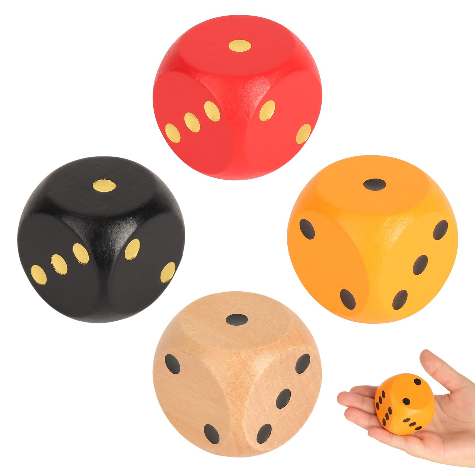 4 Pieces Large Dice 4cm, Round Edge Giant Dice, Colorful Extra Large Wooden Dices for Family Games, School Games, Educational Toys (Red, Orange, Black, Log)
