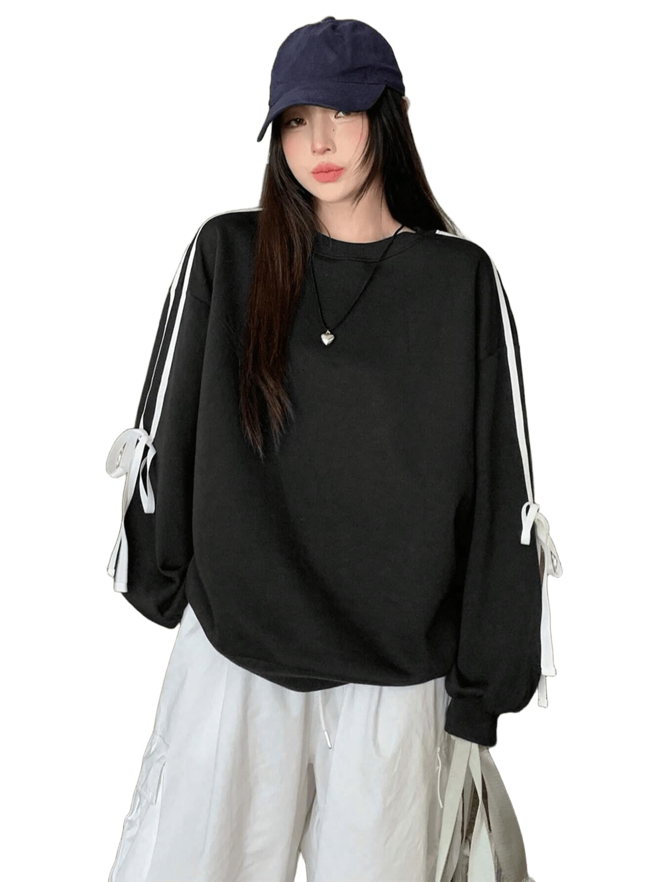 sxv style Women's Black Sweatshirt with White Ribbon Sleeve Detail, Oversized Casual Pullover-picture-24